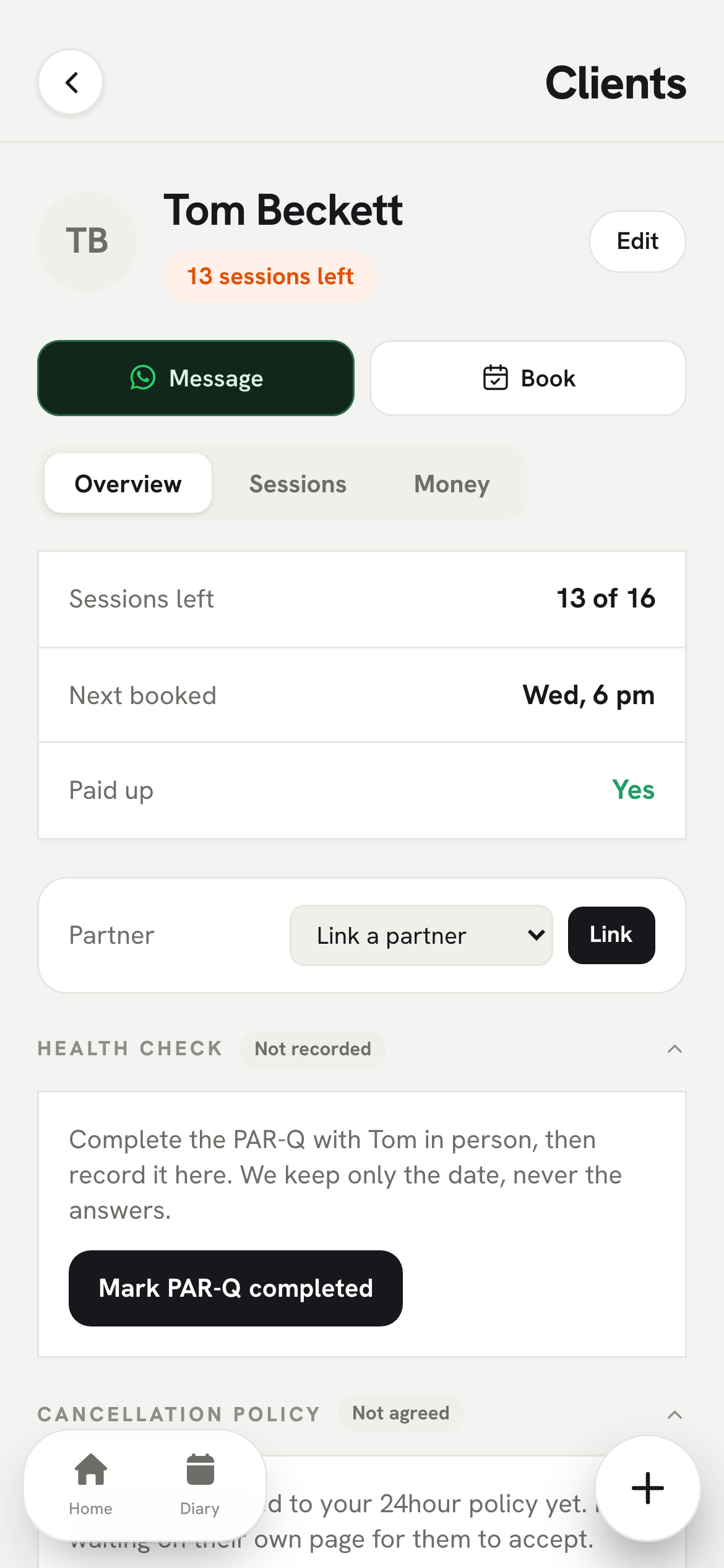 A WELX client record, with a one-tap Message on WhatsApp button