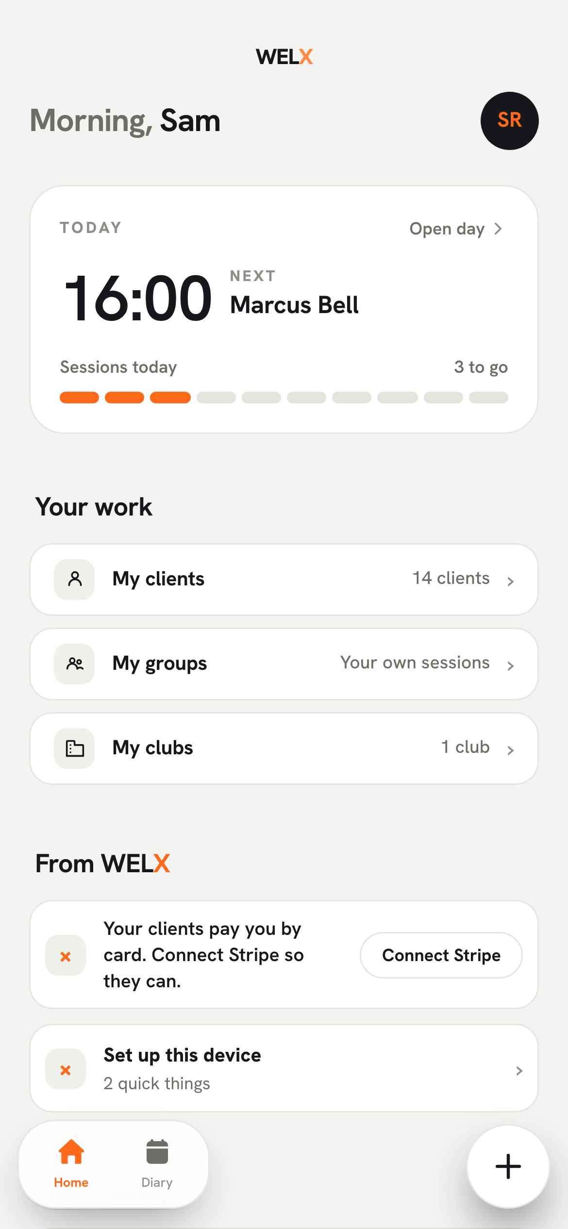 The WELX home screen: this month's earnings and the day's sessions at a glance