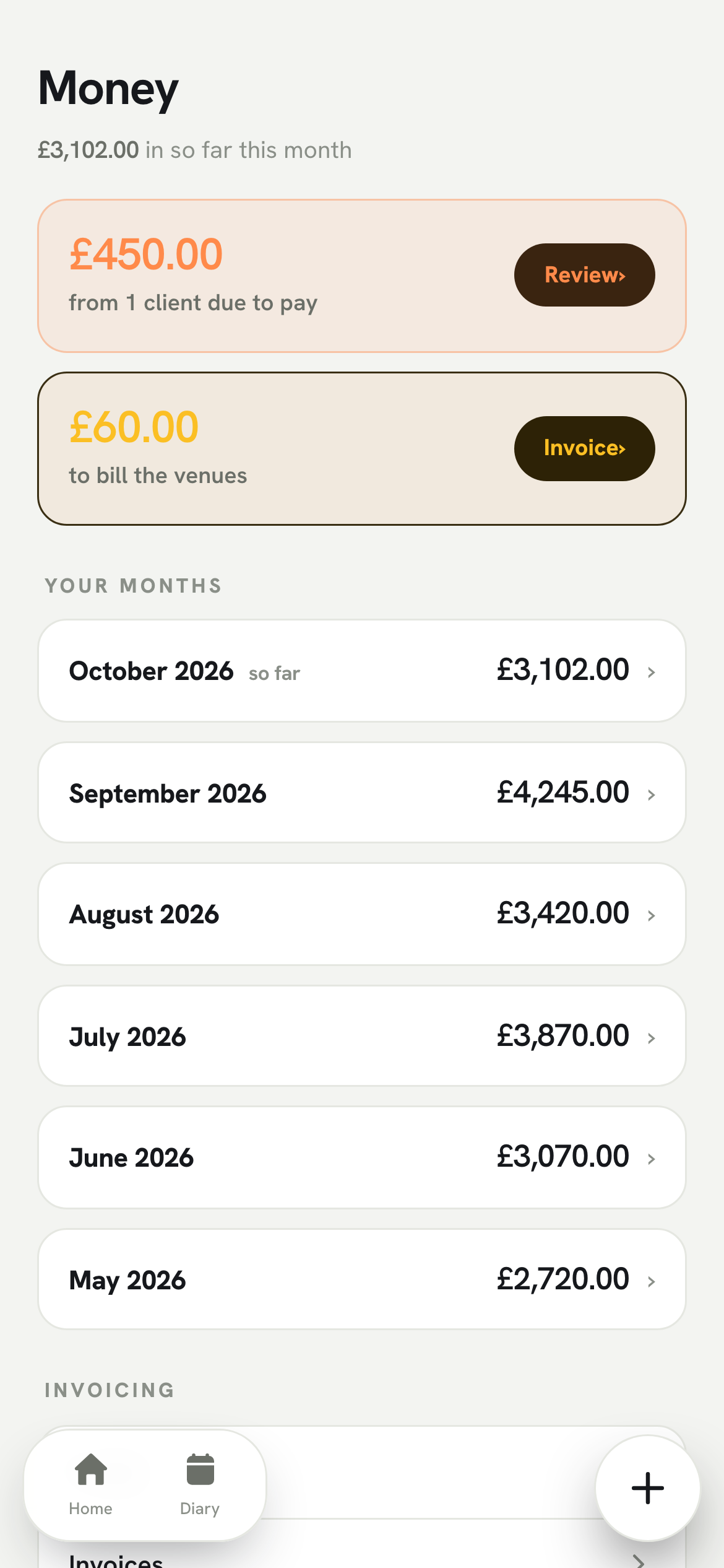 The WELX Money screen: earnings this month, a note that it kept £45 from late cancels, and a live feed of payments received