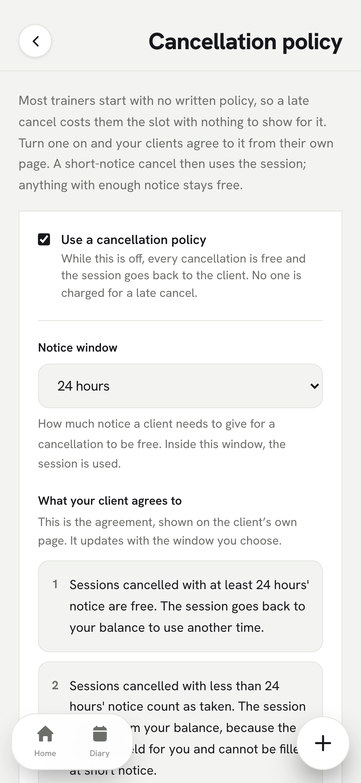 The WELX cancellation policy setting: a notice window, and the agreement the client accepts on their own page